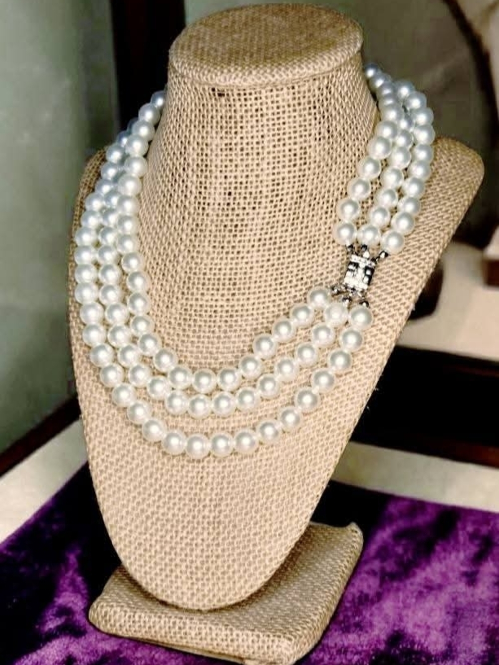 Vintage Mid-Century Triple-Strand Faux Pearl Statement Necklace